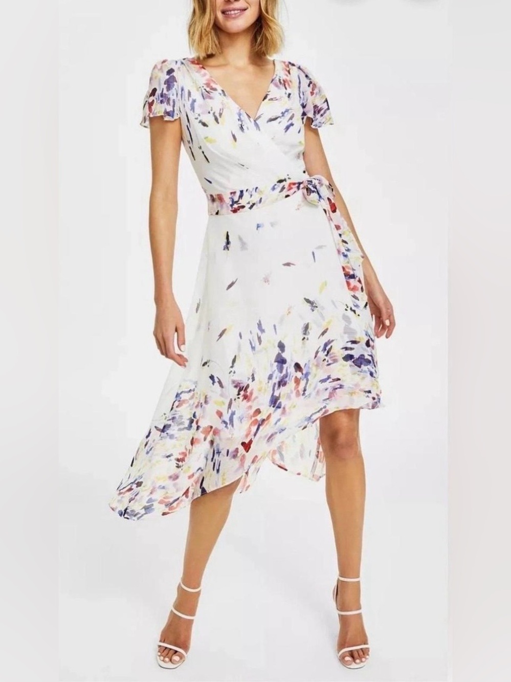 DKNY Ivory Faux-Wrap Midi Dress with Violet, Marine Blue & Lime Yellow Accents
